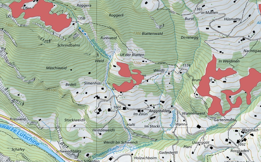 swisstopo national map showing the protected perimeter of Anggistalden (Dry meadow)