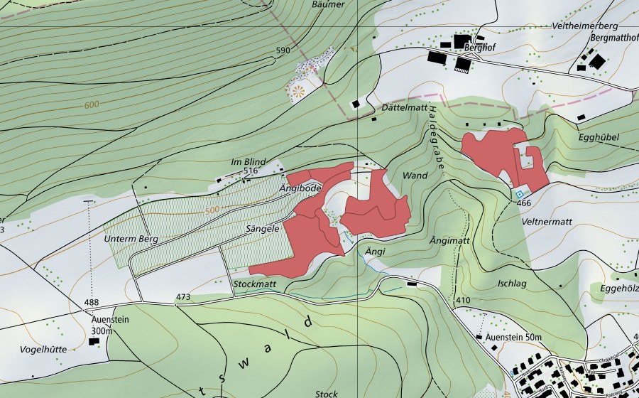 swisstopo national map showing the protected perimeter of Ängi (Dry meadow)