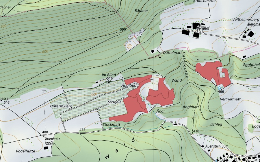 swisstopo national map showing the protected perimeter of Ängi (Dry meadow)