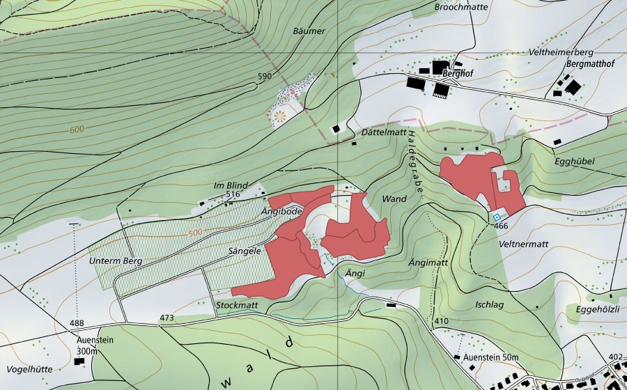 Carte nationale swisstopo avec le périmètre protégé de Ängi (Prairie sèche)