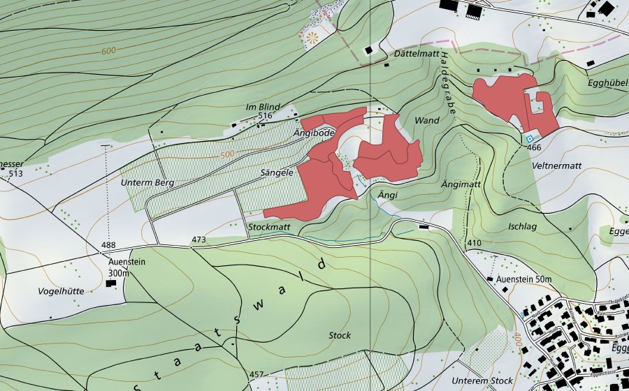 swisstopo national map showing the protected perimeter of Ängi (Dry meadow)