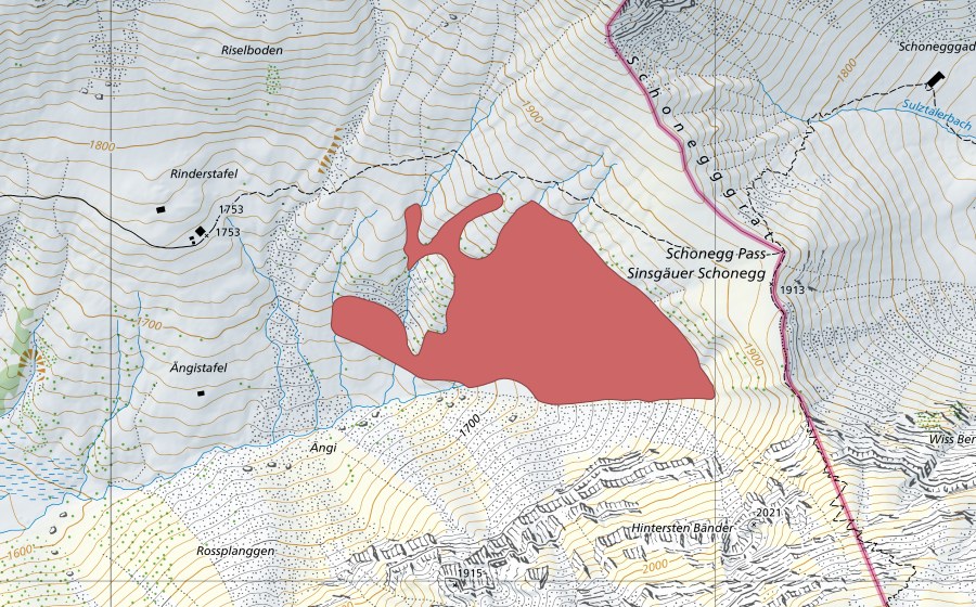 Landeskarte swisstopo mit dem Schutzperimeter von Ängistafel (Trockenwiese)