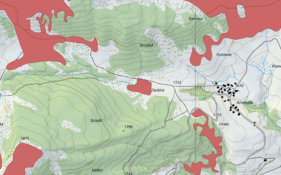 Carte nationale swisstopo avec le périmètre protégé de Anvéuda (Prairie sèche)