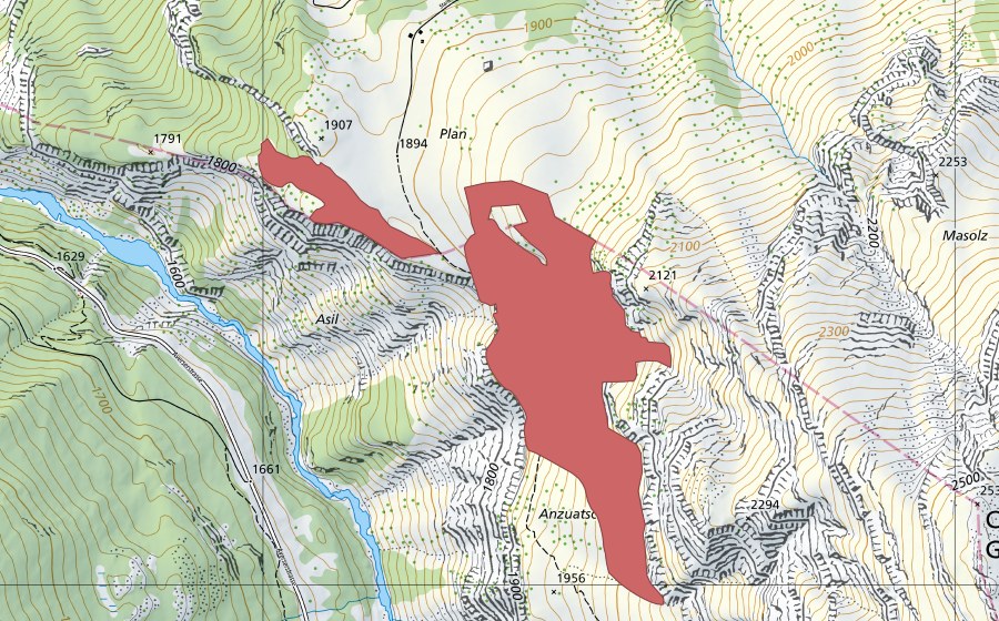 swisstopo national map showing the protected perimeter of Anzuatsch (Dry meadow)
