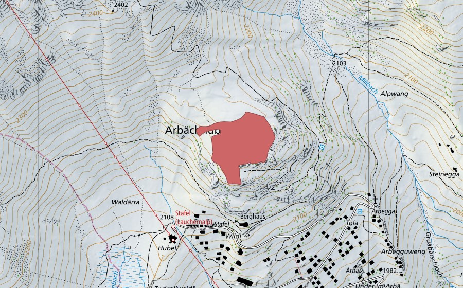 Landeskarte swisstopo mit dem Schutzperimeter von Arbächnubel (Trockenwiese)