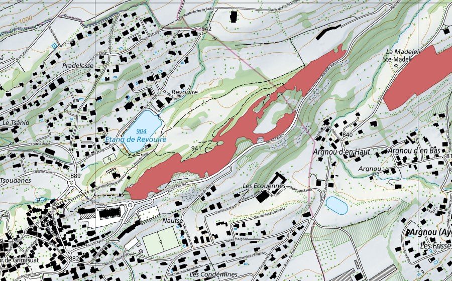 Carte nationale swisstopo avec le périmètre protégé de Argnoud d'en Haut (Prairie sèche)