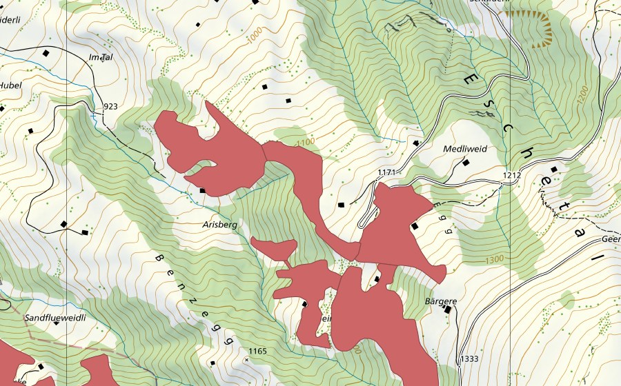 Carte nationale swisstopo avec le périmètre protégé de Arisberg (Prairie sèche)