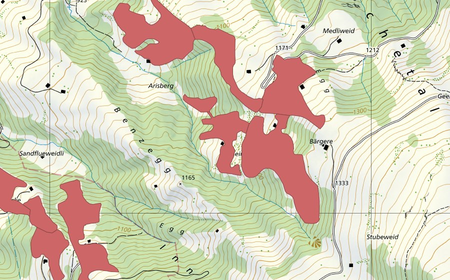 Carte nationale swisstopo avec le périmètre protégé de Arisberg (Prairie sèche)