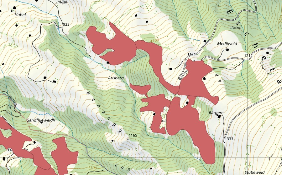 Carte nationale swisstopo avec le périmètre protégé de Arisberg (Prairie sèche)