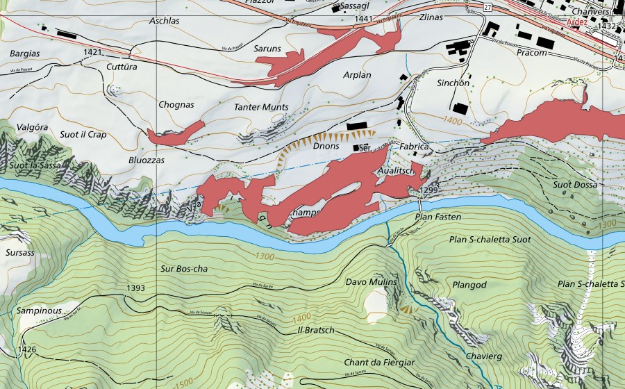Landeskarte swisstopo mit dem Schutzperimeter von Arplan (Trockenwiese)