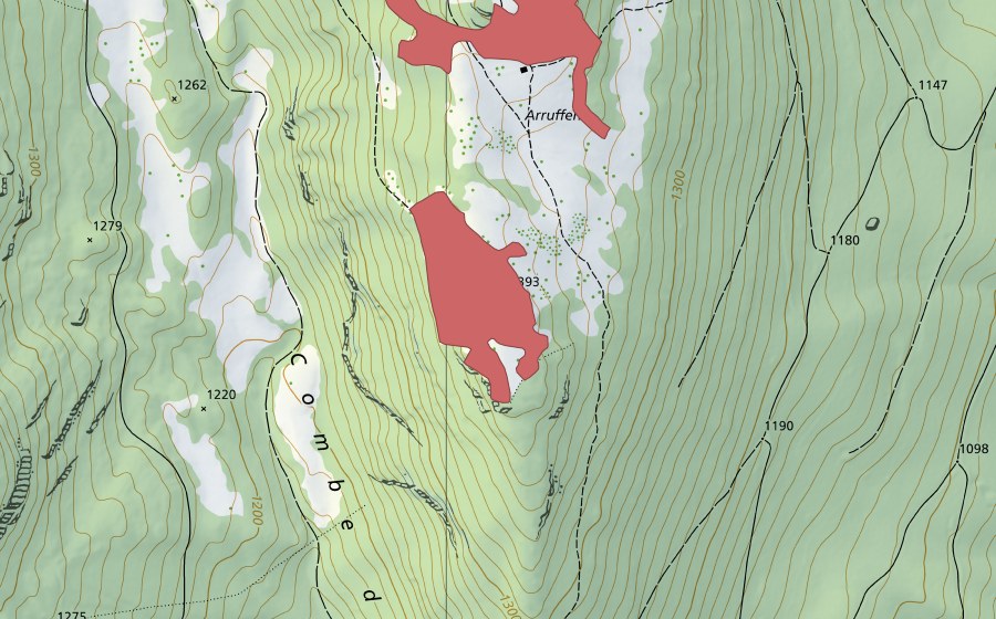 swisstopo national map showing the protected perimeter of Arruffens (Dry meadow)