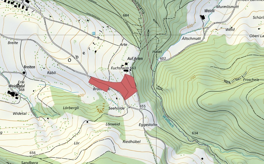 Carte nationale swisstopo avec le périmètre protégé de Arten (Prairie sèche)