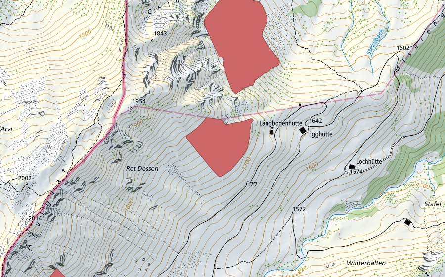 Landeskarte swisstopo mit dem Schutzperimeter von Arvigrat (Trockenwiese)