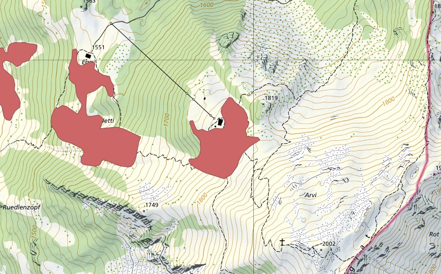 Landeskarte swisstopo mit dem Schutzperimeter von Arvihütte (Trockenwiese)