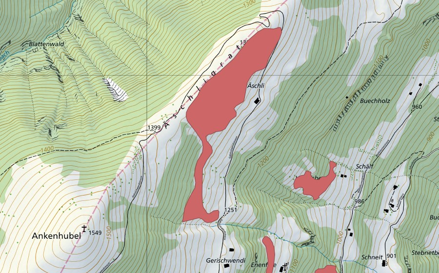 Carte nationale swisstopo avec le périmètre protégé de Äschligrat (Prairie sèche)