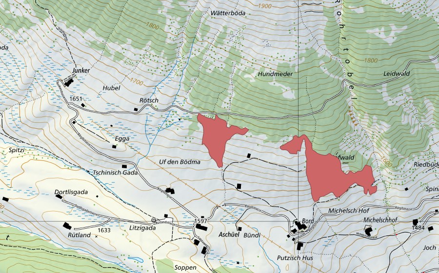 Carte nationale swisstopo avec le périmètre protégé de Aschüel (Prairie sèche)