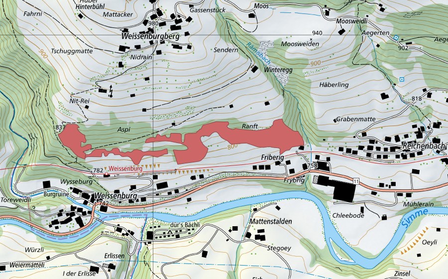 Carte nationale swisstopo avec le périmètre protégé de Aspi (Prairie sèche)