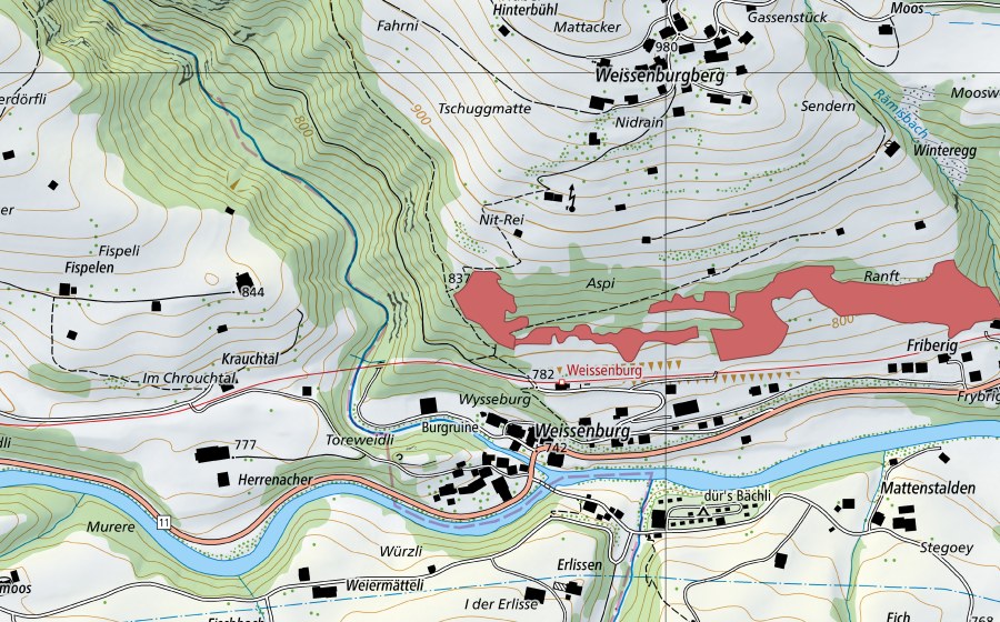 Carte nationale swisstopo avec le périmètre protégé de Aspi (Prairie sèche)