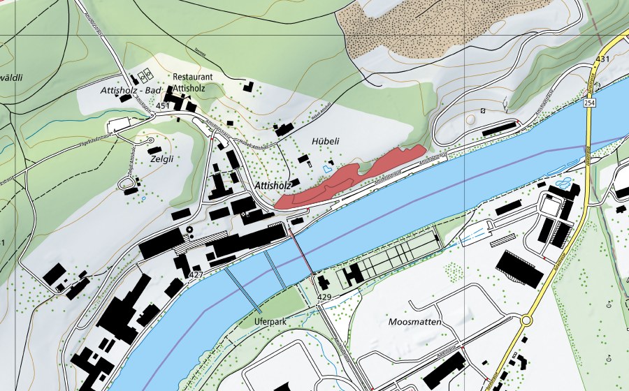 Landeskarte swisstopo mit dem Schutzperimeter von Attisholz (Trockenwiese)