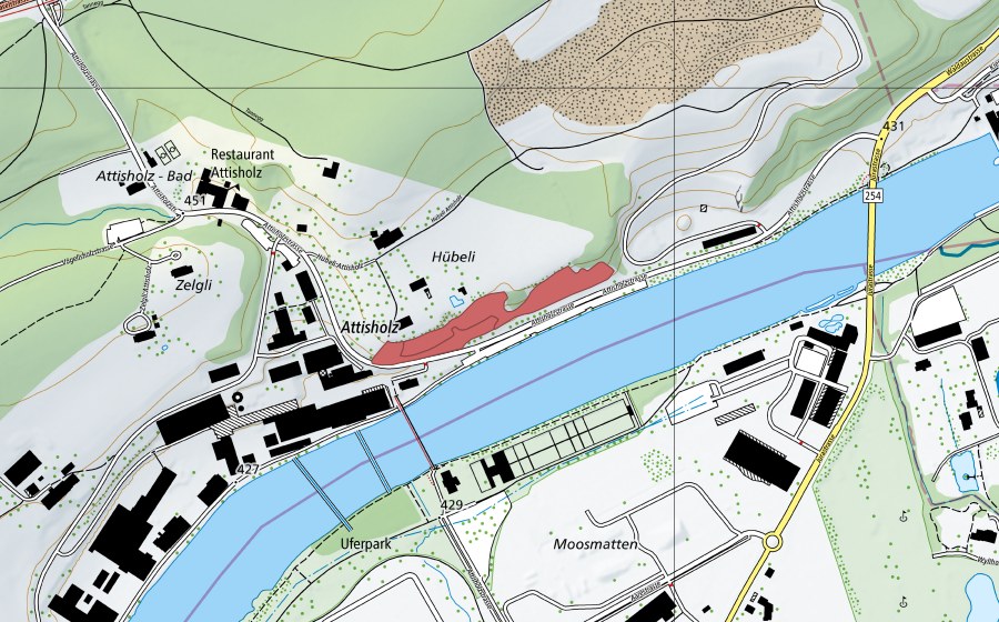 Landeskarte swisstopo mit dem Schutzperimeter von Attisholz (Trockenwiese)