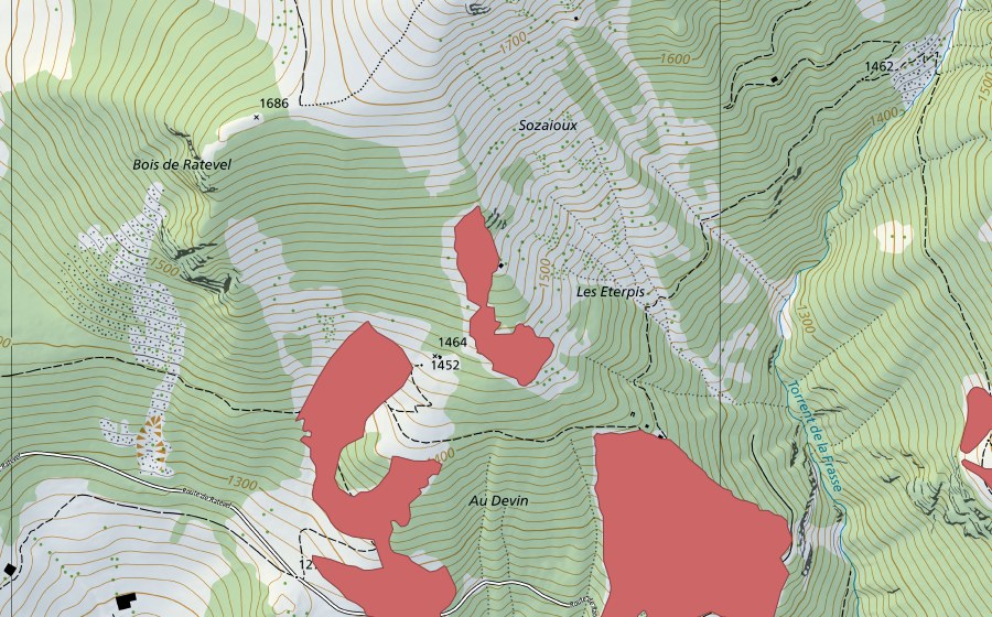 swisstopo national map showing the protected perimeter of Au Devin (Dry meadow)