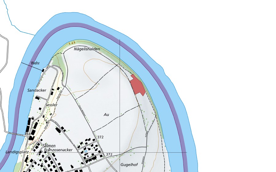 Carte nationale swisstopo avec le périmètre protégé de Au (Prairie sèche)