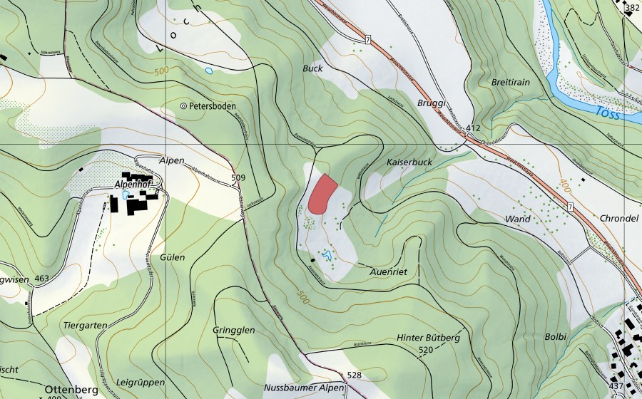 Carte nationale swisstopo avec le périmètre protégé de Auenriet (Prairie sèche)