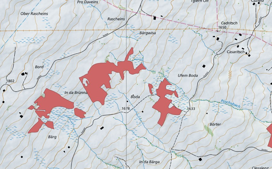 swisstopo national map showing the protected perimeter of Auf dem Boden (Dry meadow)