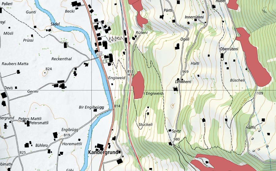 Carte nationale swisstopo avec le périmètre protégé de Ausser Kandergrund (Prairie sèche)