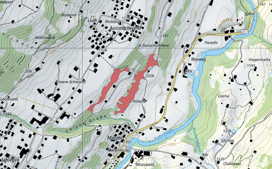 Carte nationale swisstopo avec le périmètre protégé de Ausser Schwand (Prairie sèche)
