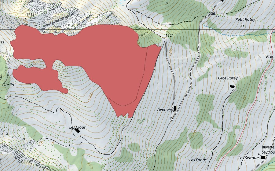 Carte nationale swisstopo avec le périmètre protégé de Aveneyre (Prairie sèche)