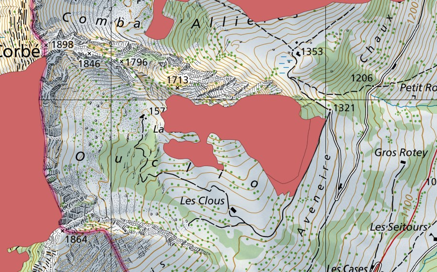 Carte nationale swisstopo avec le périmètre protégé de Aveneyre (Prairie sèche)