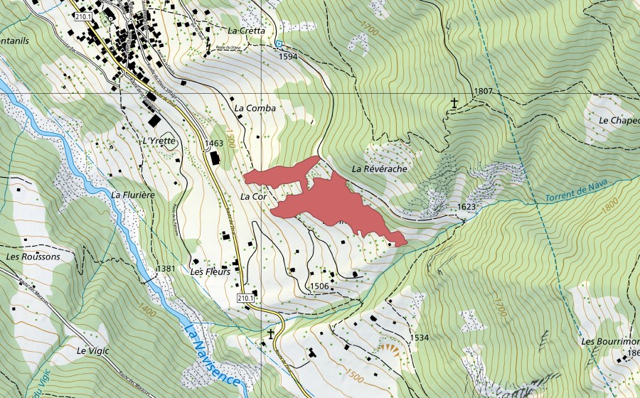 Carte nationale swisstopo avec le périmètre protégé de Ayer (Prairie sèche)