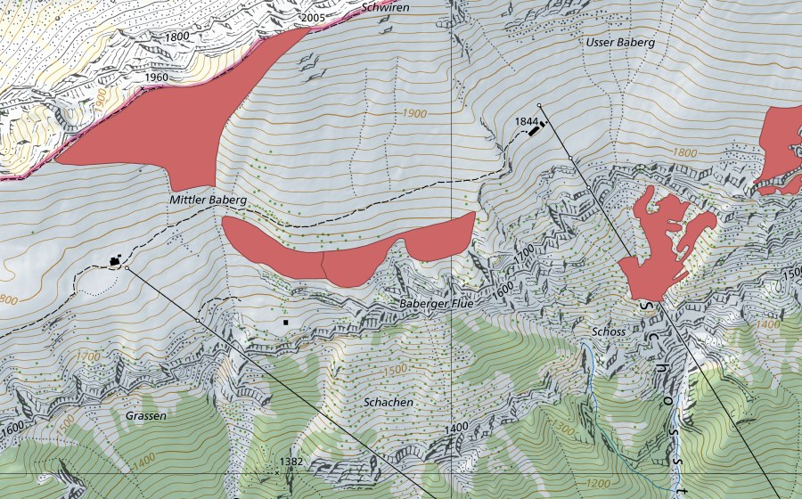 swisstopo national map showing the protected perimeter of Baberg (Dry meadow)