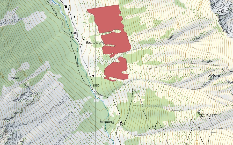 Carte nationale swisstopo avec le périmètre protégé de Bachbergheuwberg (Prairie sèche)