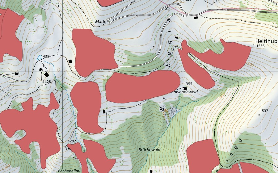 Carte nationale swisstopo avec le périmètre protégé de Bächenallmi (Prairie sèche)