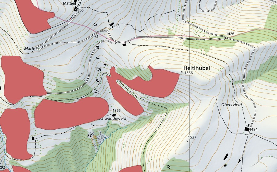 swisstopo national map showing the protected perimeter of Bächenallmi (Dry meadow)