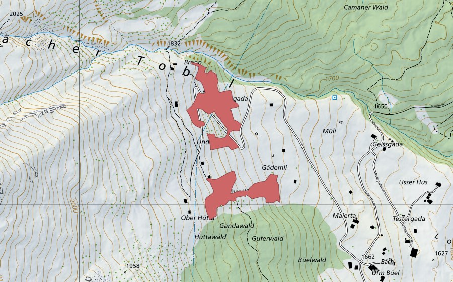 Carte nationale swisstopo avec le périmètre protégé de Bächer-Hütta (Prairie sèche)