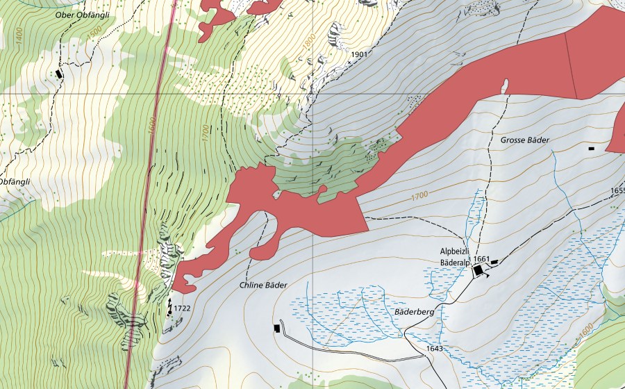 Landeskarte swisstopo mit dem Schutzperimeter von Bäderberg (Trockenwiese)