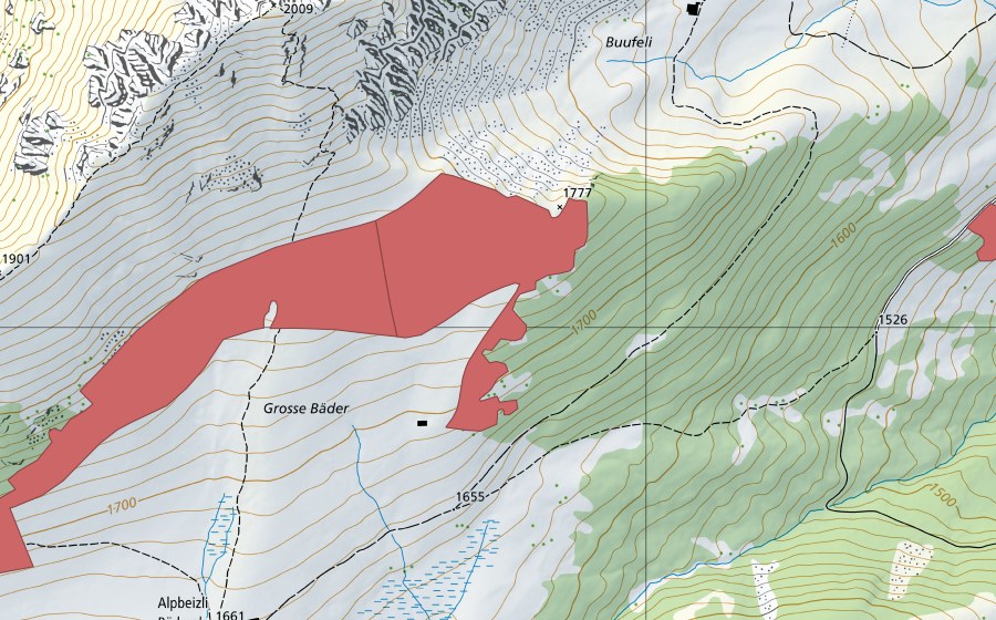 Landeskarte swisstopo mit dem Schutzperimeter von Bäderberg (Trockenwiese)