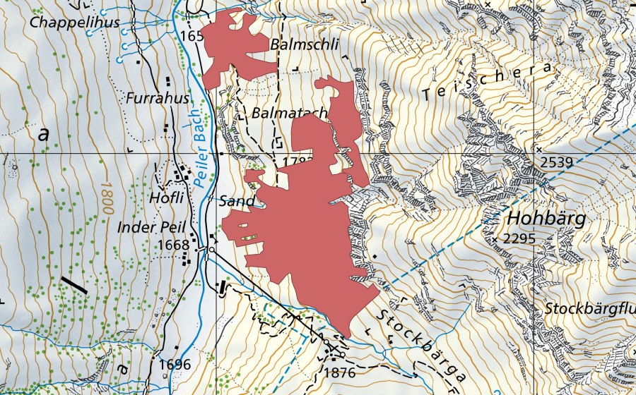 Carte nationale swisstopo avec le périmètre protégé de Balmatachli (Prairie sèche)