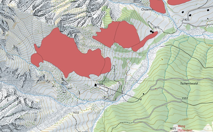 Landeskarte swisstopo mit dem Schutzperimeter von Bälmetsch (Trockenwiese)