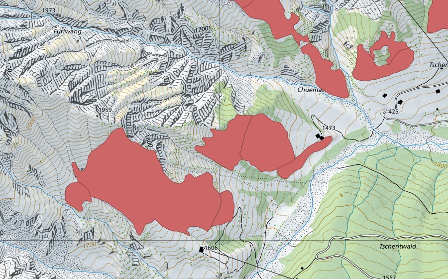Carte nationale swisstopo avec le périmètre protégé de Bälmetsch (Prairie sèche)