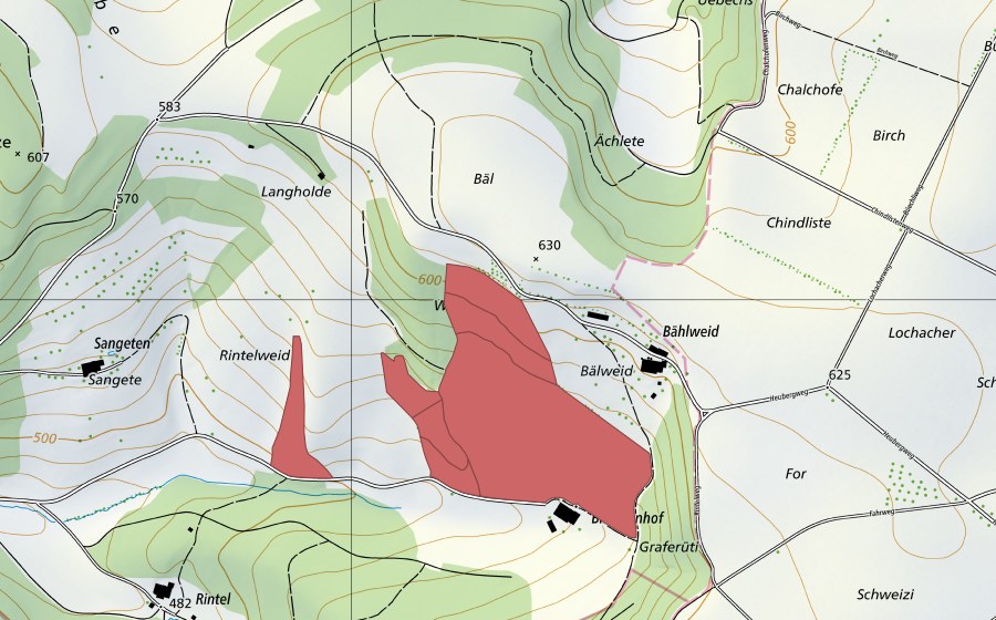 Landeskarte swisstopo mit dem Schutzperimeter von Bälweid (Trockenwiese)