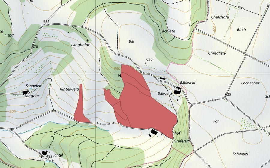 Carte nationale swisstopo avec le périmètre protégé de Bälweid (Prairie sèche)