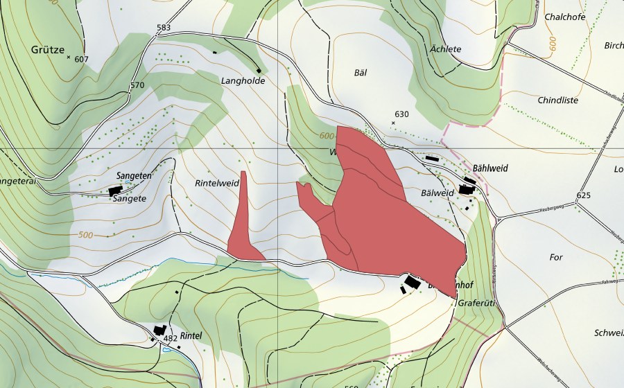 Carte nationale swisstopo avec le périmètre protégé de Bälweid (Prairie sèche)