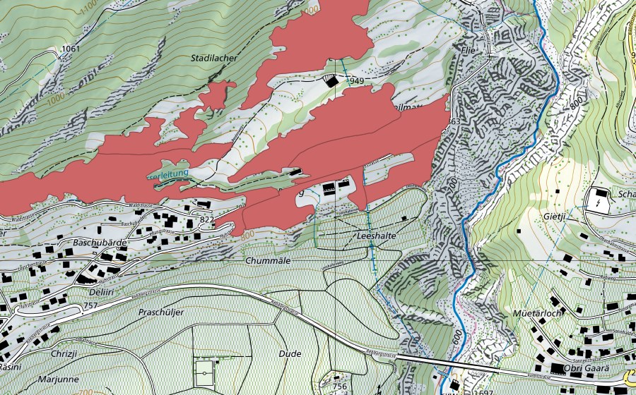 Landeskarte swisstopo mit dem Schutzperimeter von Bärde (Trockenwiese)