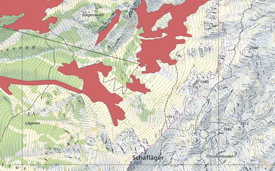 swisstopo national map showing the protected perimeter of Bärenboden (Dry meadow)