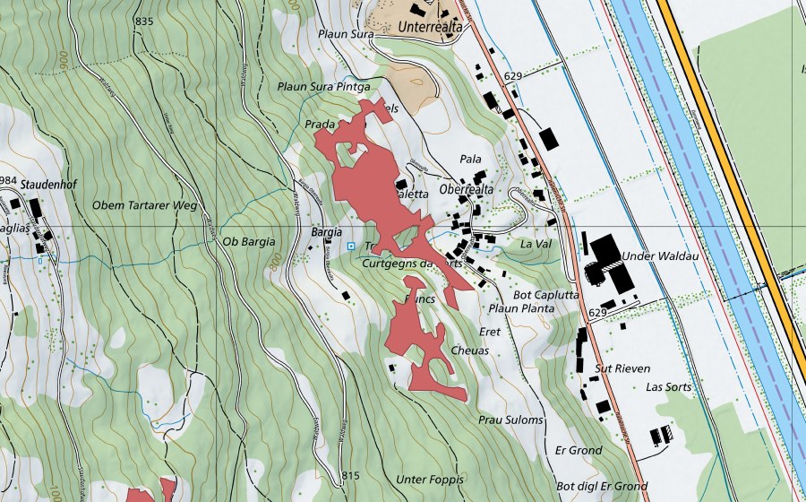 Landeskarte swisstopo mit dem Schutzperimeter von Bargia (Trockenwiese)