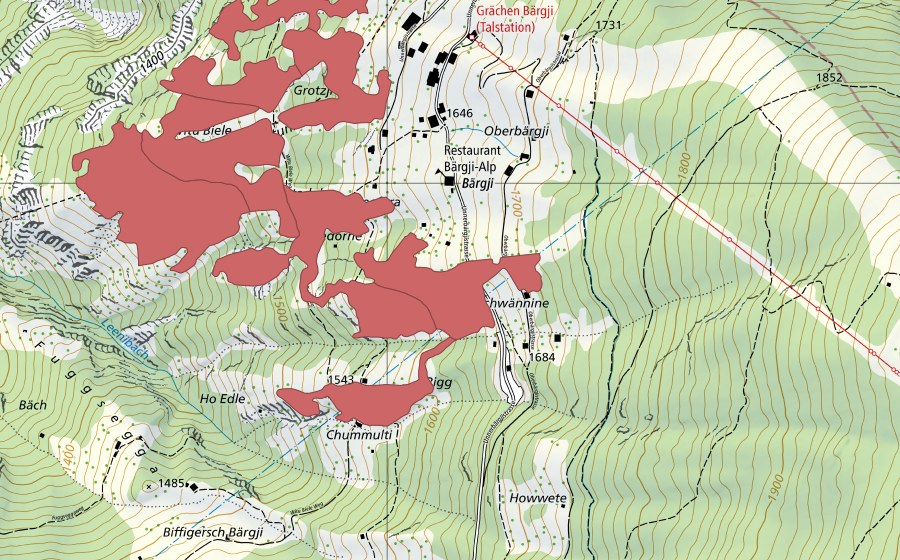 Carte nationale swisstopo avec le périmètre protégé de Bärgji (Prairie sèche)
